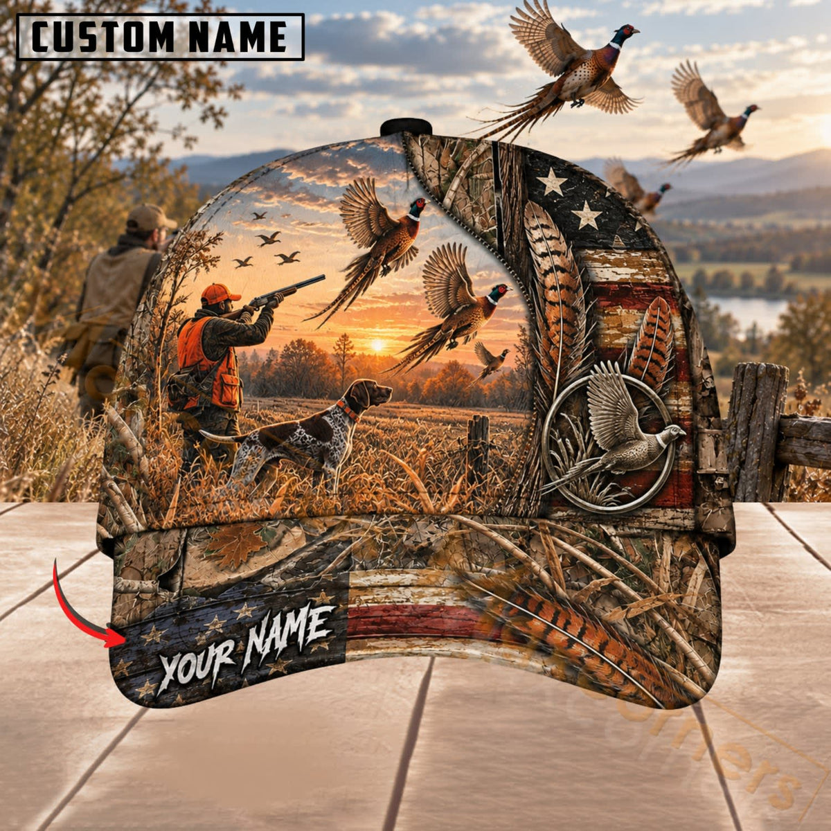 Maxcorners Upland Bird Hunting Rustic Hunter & Pheasant Hunting Scene Personalized Name 3D Cap