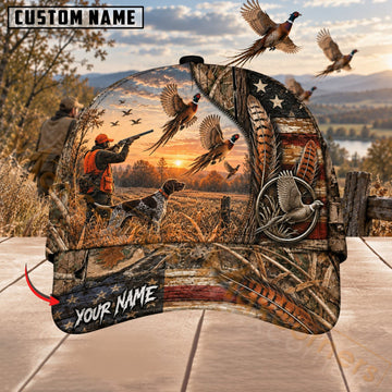 Maxcorners Upland Bird Hunting Rustic Hunter & Pheasant Hunting Scene Personalized Name 3D Cap