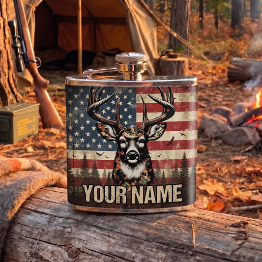 Maxcorners Hunting Patriotic Deer American Flag Design Personalized Name 3D Hip Flask