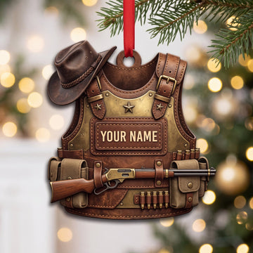 Maxcorners Hunting Western Star Leather Vest And Rifle Personalized Name 3D Keychain And Ornament