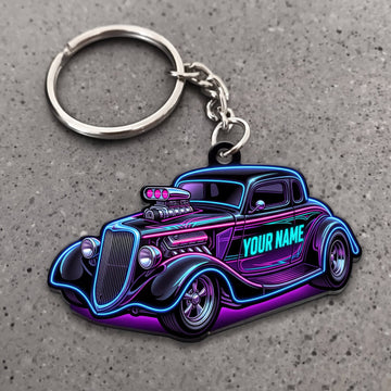 Maxcorners Hot Rod Purple Blue Classic Coupe with Neon Racing Graphics Personalized Name 3D Keychain And Ornament