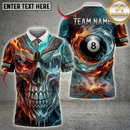 Maxcorners Billiards Metallic Skull Fire and Water 8 Ball Multicolor Customized Name, Team Name 3D Shirts ( 4 Colors )