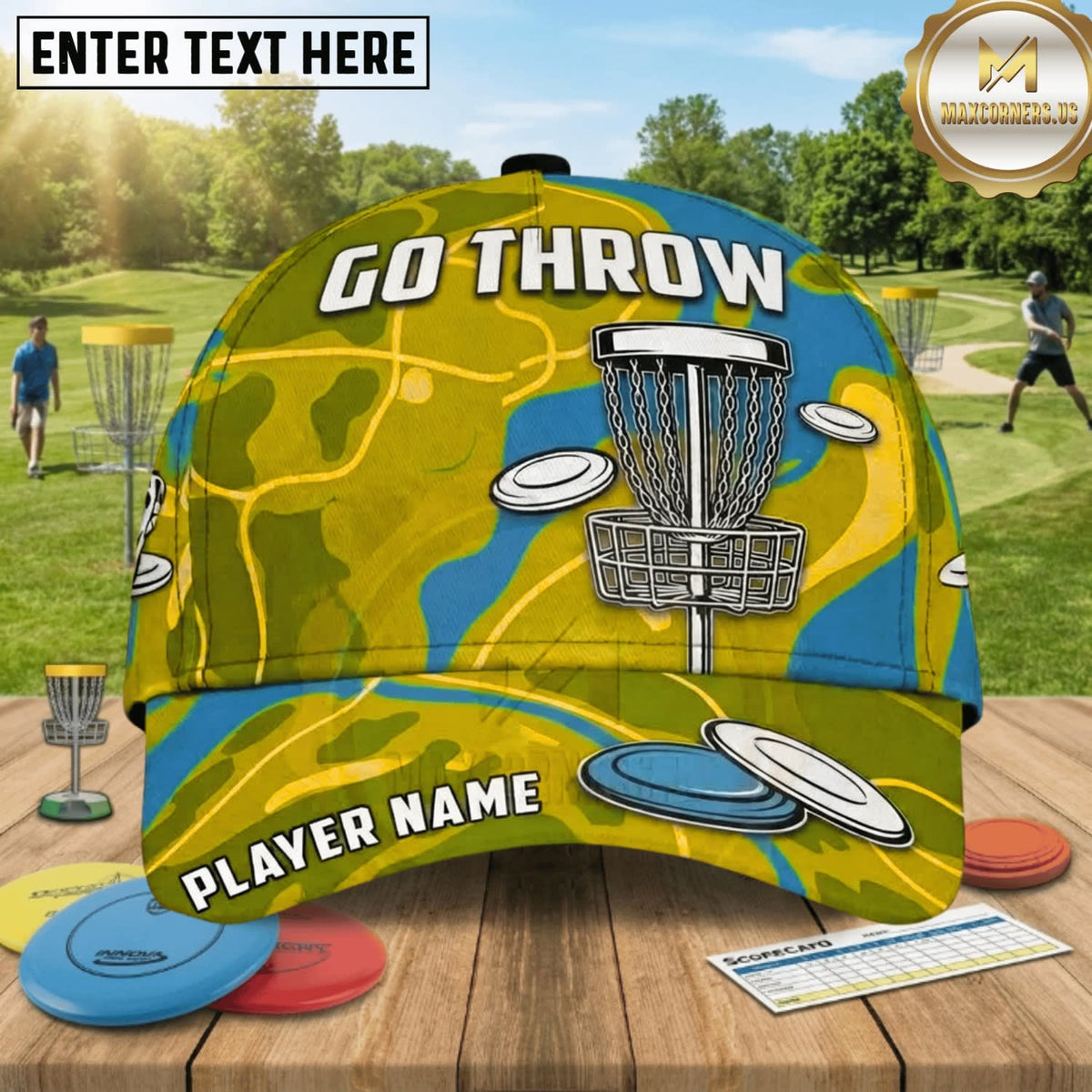 (8 Colors) Maxcorners Disc Golf Go Throw Chain Basket & Flying Discs Personalized Name 3D Cap LM3009