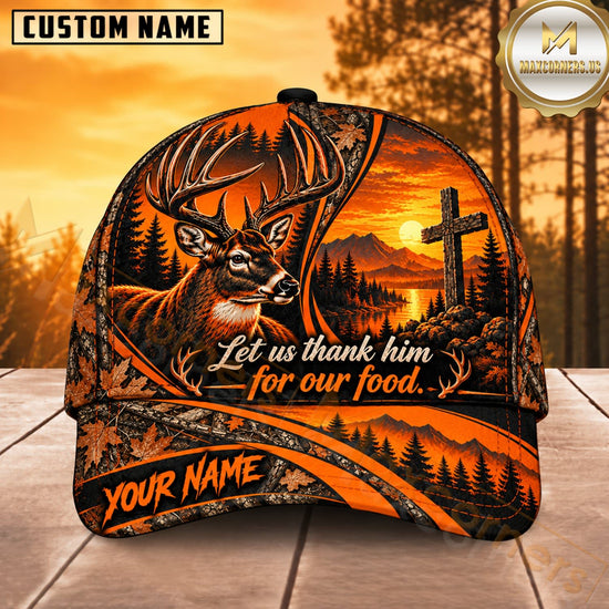 Maxcorners Deer Hunting Whitetail Buck Let Us Thank Him for Our Food Sunset Cross Orange Camo Customized Name 3D Cap