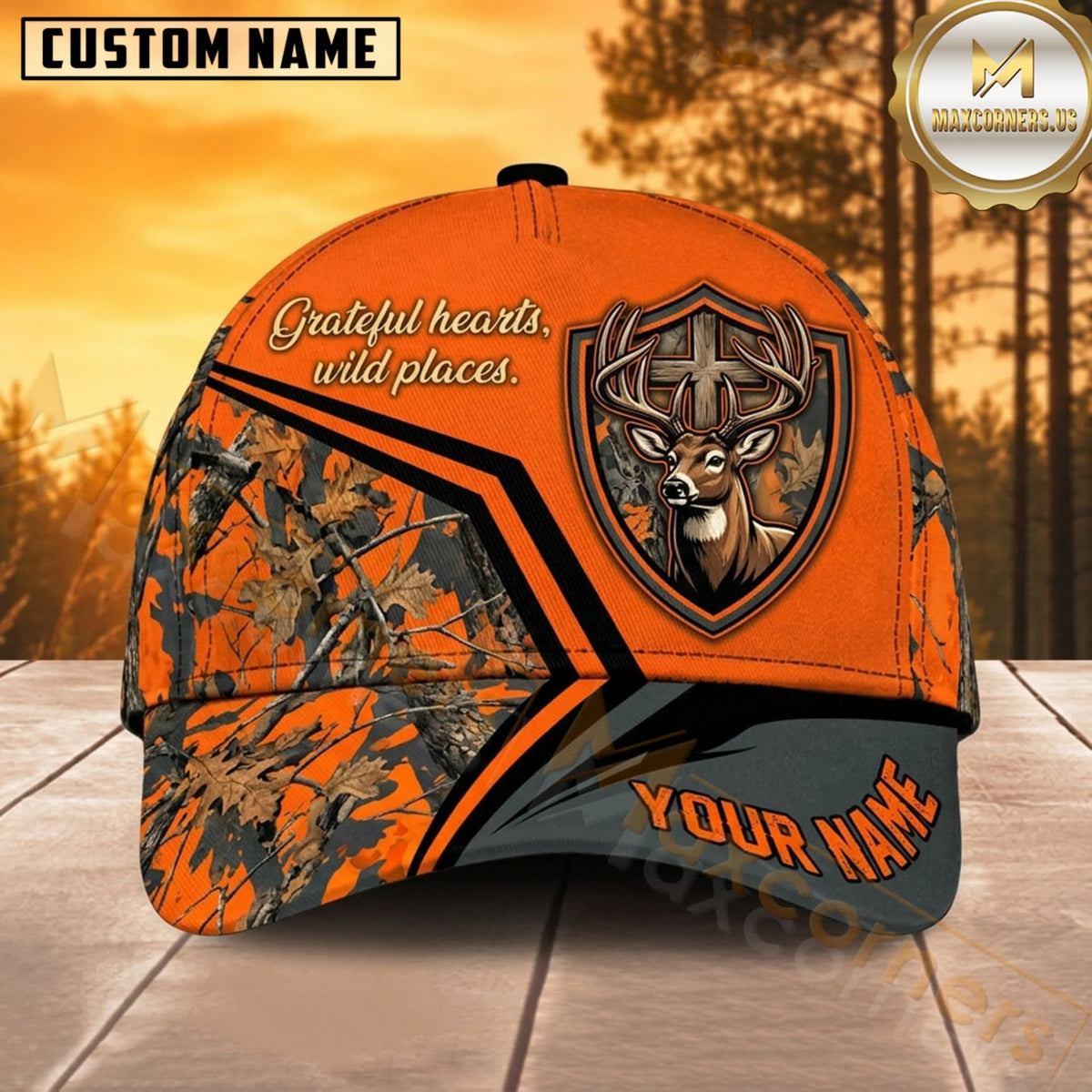 Maxcorners Deer Hunting Whitetail Deer Skull Hunting Crest Bright Orange Camo Customized Name 3D Cap
