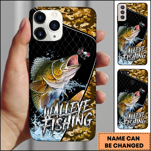 Maxcorners Walleye Fishing Black Brown Camo Personalized Name 3D Phone Case