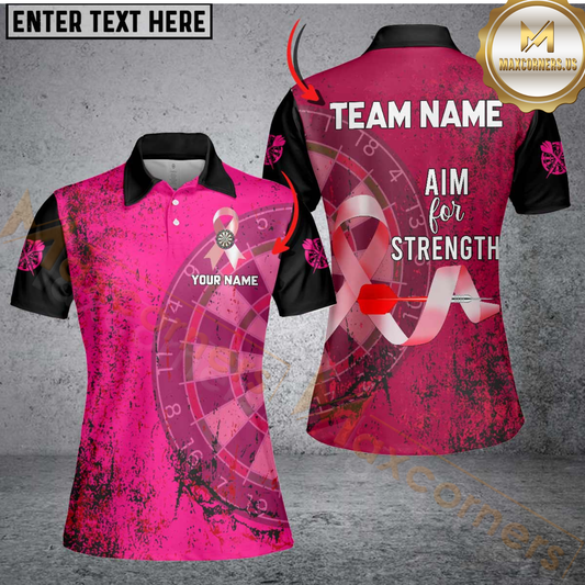 Maxcorners Pink Ribbon Aim For Strength Custom Darts Shirts For Women, Breast Cancer Pink Darts Team Jerseys
