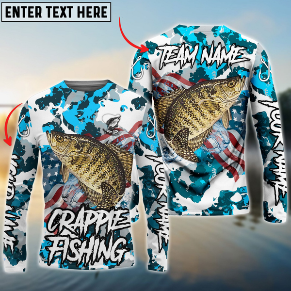 Maxcorners Crappie Fishing American Flag Light Blue Camo Personalized Name, Team Name 3D Long Sleeve Shirt