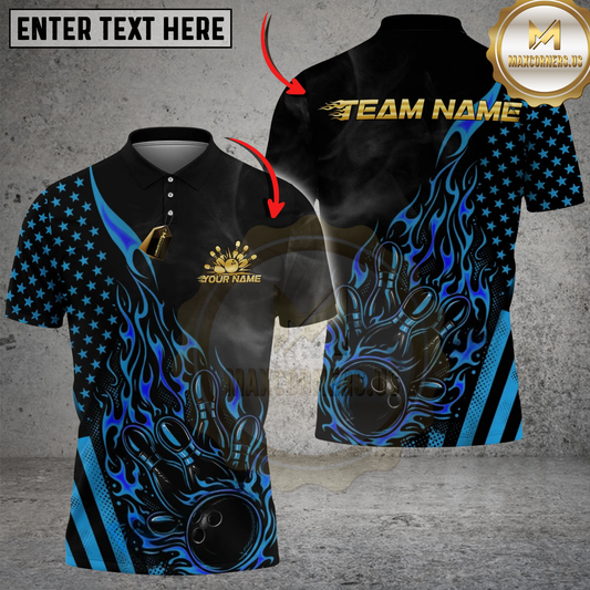 Maxcorners Bowling And Pins American Flag Hot Streak Customized Name, Team Name 3D Shirt (4 Colors)
