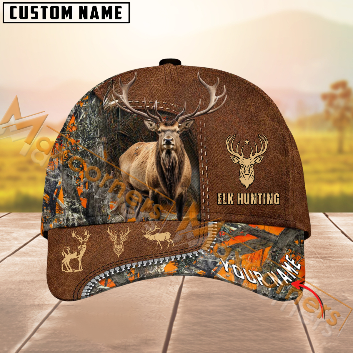 Maxcorners Elk Hunting Leather Pattern Multicolor Personalized Name 3D Cap