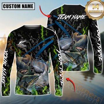 Maxcorners Fishing Green Flame Camo Design Sun Protection Personalized Name, Team Name Long Sleeve Shirt
