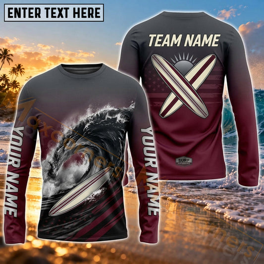 Maxcorners Surfing Dark Ocean Wave Art Customized Name, Team Name 3D Long Sleeve Shirt