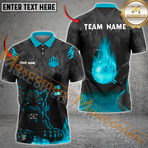 Maxcorners Black Panther Ball Flame Bowling Jersey Multicolor Customized Name, Team Name 3D Polo Shirt