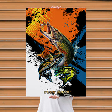 Maxcorners Northern Pike Fishing Pop Art Grunge Splash Design Personalized Name 3D Poster