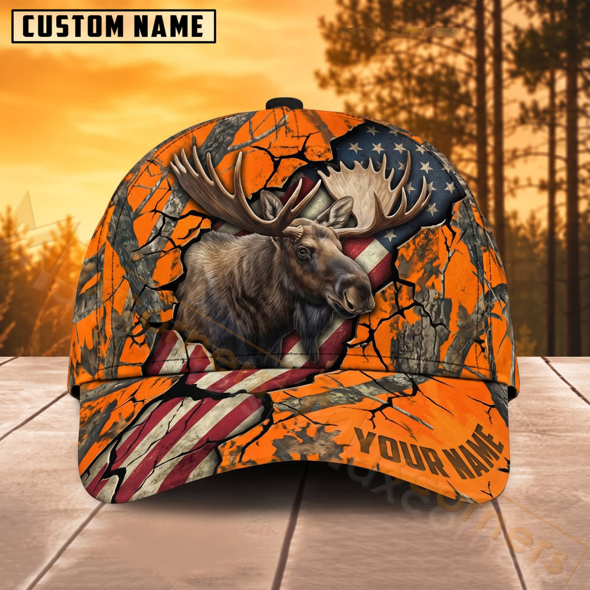 Maxcorners Moose Hunting US Flag Orange Camo Personalized Name 3D Cap