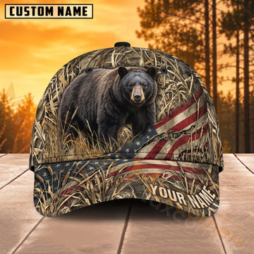 Maxcorners Bear Hunting American Flag Grass Camo Personalized Name 3D Cap