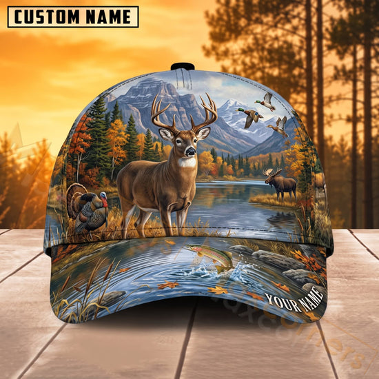 Maxcorners Deer Hunting Autumn Mountain River Buck Personalized Name 3D Cap