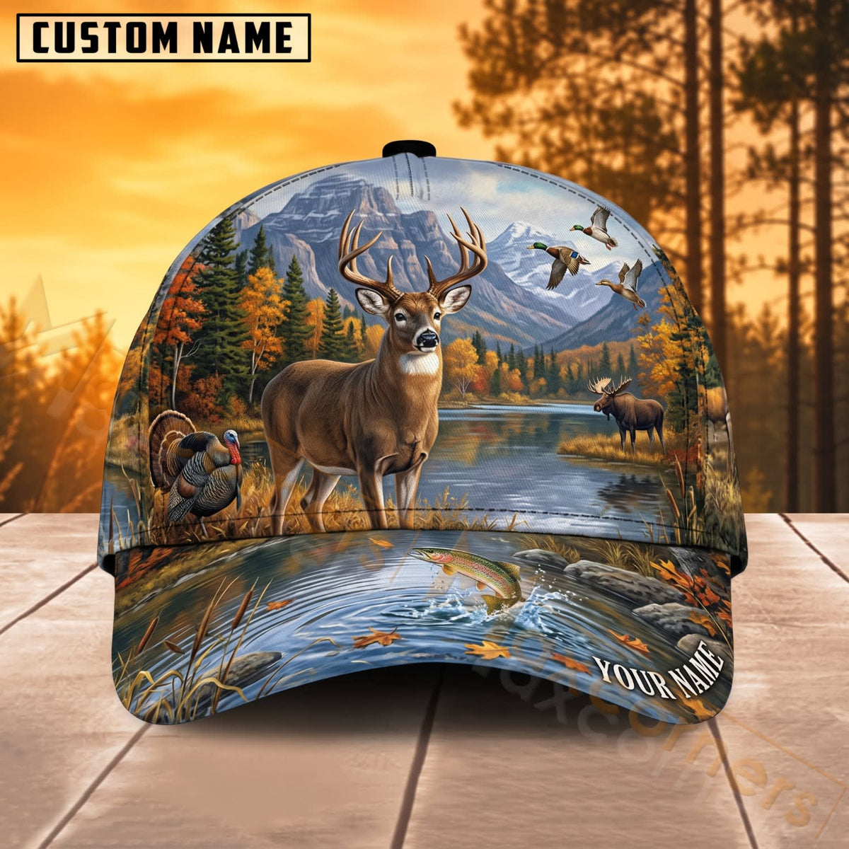 Maxcorners Deer Hunting Autumn Mountain River Buck Personalized Name 3D Cap