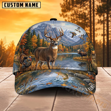 Maxcorners Deer Hunting Autumn Mountain River Buck Personalized Name 3D Cap