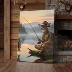 Maxcorners Deer Fisherman Catching Big Trout at Misty Lake Sunrise Wrapped Canvas Wall Art
