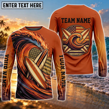 Maxcorners Surfboard Tropical Sunset Ocean Art Customized Name, Team Name 3D Long Sleeve Shirt