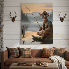 Maxcorners Deer Fisherman Catching Big Trout at Misty Lake Sunrise Wrapped Canvas Wall Art