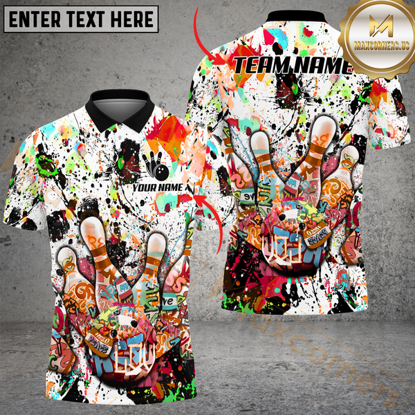 Maxcorners White Graffiti Splash Paint Bowling Jersey Customized Name, Team Name 3D Polo Shirt