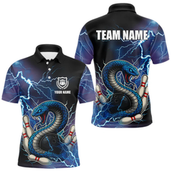 Maxcorners Personalized Black And Blue Thunder Lightning Cobra Snake Bowling Shirts For Men, Bowling Team Uniform LM154