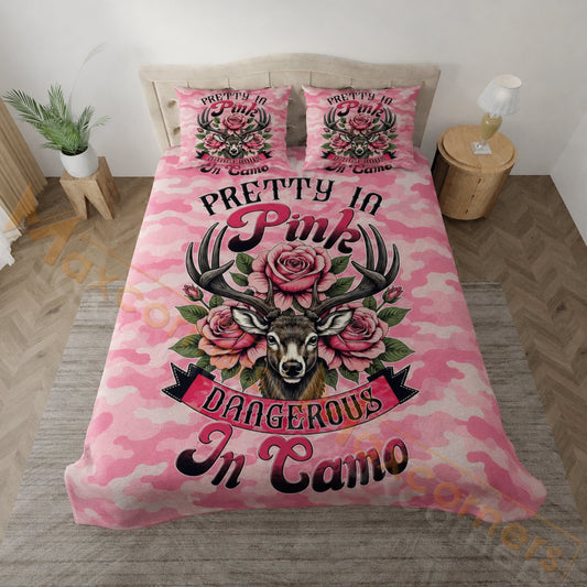 Maxcorners Hunting Pretty In Pink Dangerous In Camo Deer Design Bedding Set 3D Print Custom Name