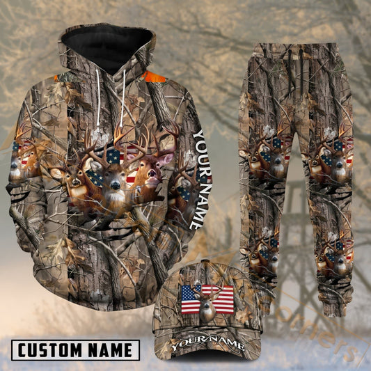 Maxcorners Hunting Whitetail Deer Wildlife Woodland Camo Personalized 3D Combo Hoodie, Sweatpants Set & Cap