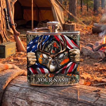 Maxcorners Hunting Fierce Deer American Flag Graphic Design Personalized Name 3D Hip Flask