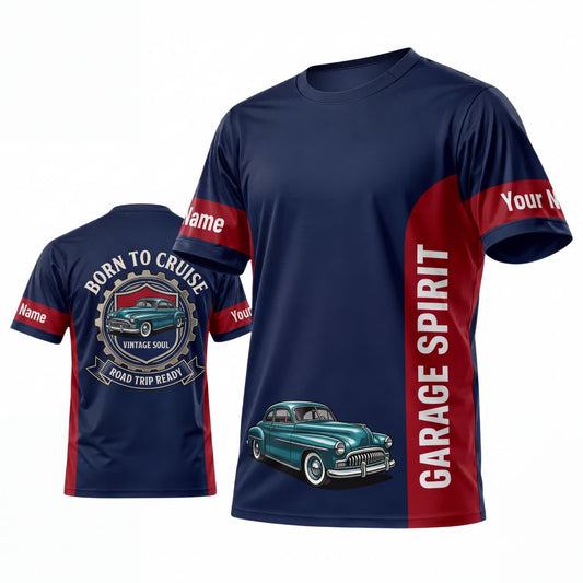 Maxcorners Personalized Car Classic Muscle Car 3D T-Shirt – Midnight Blue Red Garage Spirit and Teal Vintage Car