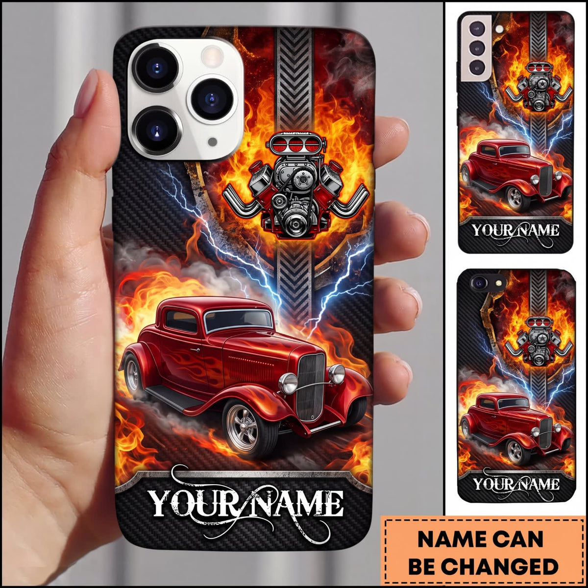 Maxcorners Hot Rod Red Classic Car with Flaming Skull and Blue Lightning Personalized Name 3D Phone Case