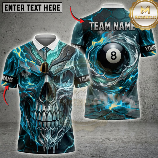 Maxcorners Billiards Metallic Skull Fire and Water 8 Ball Multicolor Customized Name, Team Name 3D Shirts ( 4 Colors )