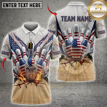 Maxcorners Bowling American Flag Golden Bowling Pins And Lightning Personalized Name 3D Unisex Shirt