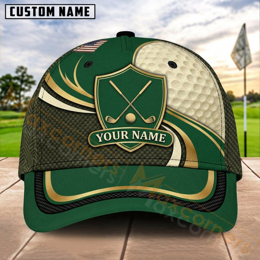 Maxcorners Golf Green Shield Clubs Gold Wave Personalized Name 3D Cap