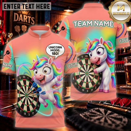 Maxcorners Darts Peach Rainbow Funny Unicorn Dartboard Personalized Name 3D Unisex Shirt