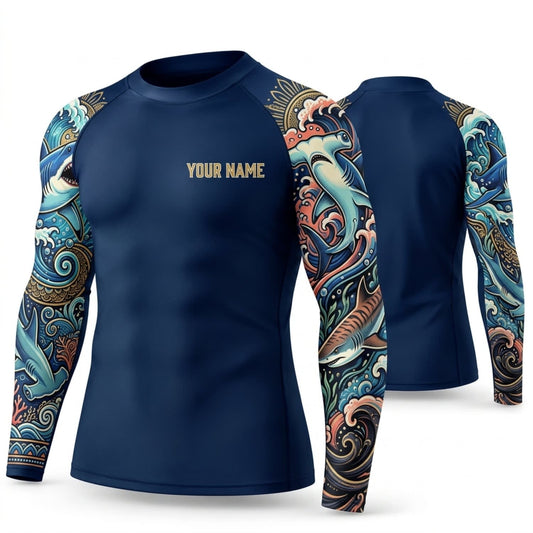 Maxcorners Personalized Ocean Tattoo Navy Shirt with Sky Blue Wave Pattern Sleeves 3D All Over Printed Shirts, Best Gifts for Ocean Lovers