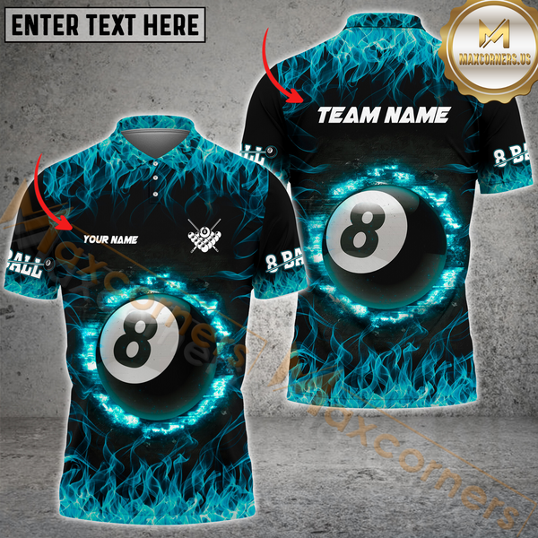 Maxcorners Fire 8 Ball Pool Multicolor Option Personalized Name, Team Name 3D Polo Shirt