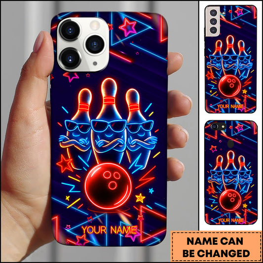 Maxcorners Bowling Neon Pins With Sunglasses Personalized Name 3D Phone Case