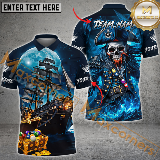 Maxcorners Skull and Ship Design Billiard Jersey Multicolor Options Personalized Name, Team Name 3D Polo Shirt (4 Colors)
