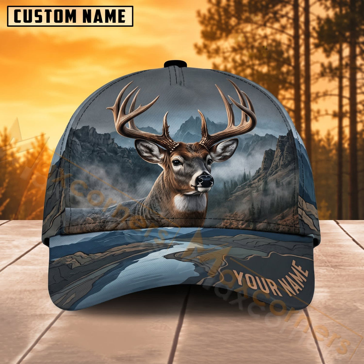 Maxcorners Deer Hunting Moonlight Mountain Buck Personalized Name 3D Cap