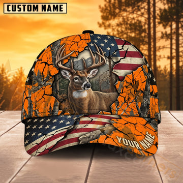 Maxcorners Deer Hunting American Flag Orange Camo Buck Personalized Name 3D Cap