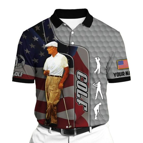 Maxcorner Customized Name Premium Cool Old Man US Flag Golf Player 3D Polo Shirt