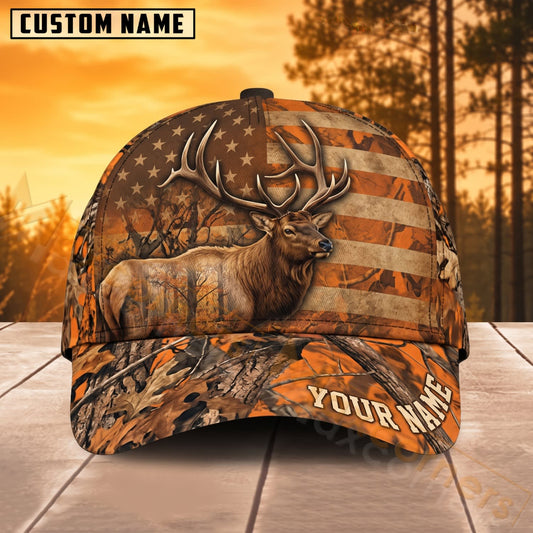 Maxcorners Deer Hunting Vintage American Flag Buck Personalized Name 3D Cap