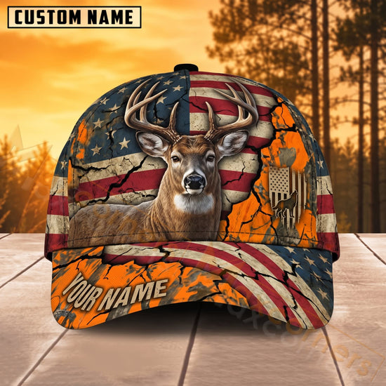 Maxcorners Deer Hunting American Flag Orange Buck Personalized Name 3D Cap