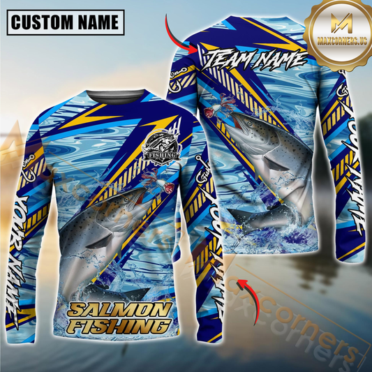 Maxcorners Salmon Fishing Yellow Blue Lightning Pattern Design Custom Name & Team Name 3D Shirts