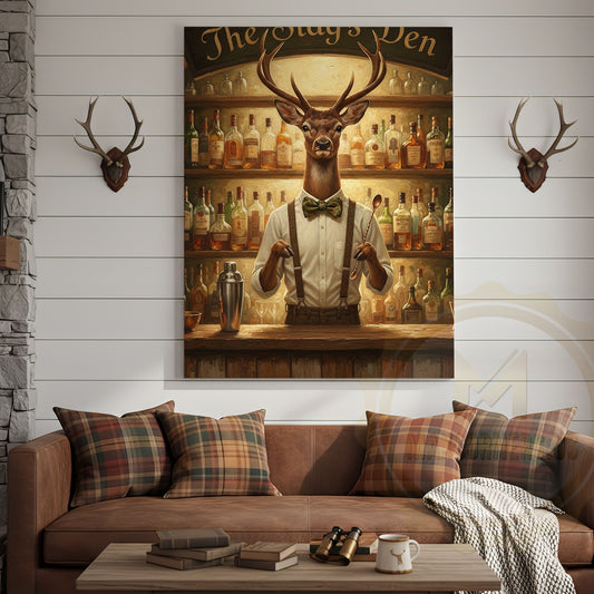 Maxcorners Elegant Deer Bartender Mixing Whiskey Cocktails in The Stag’s Den Wrapped Canvas Wall Art