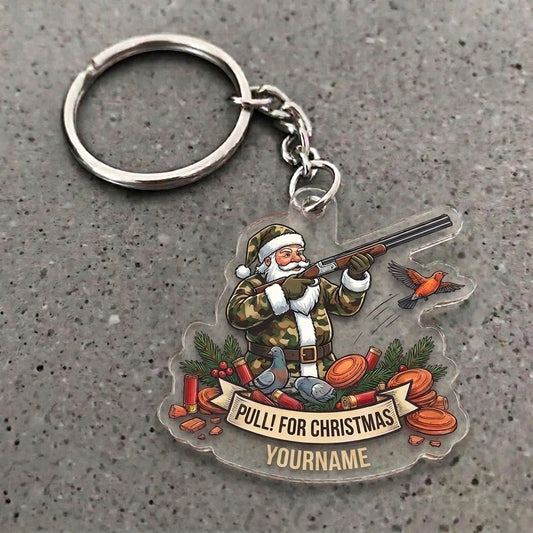 Maxcorners Personalized Camo Santa Pull For Christmas Pigeon Clay Target Shotgun Acrylic Christmas Ornament And Keychain Custom Gift For Hunters 2D Flat