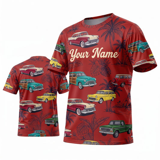 (9 Colors) Maxcorners Personalized Car Classic Muscle Car 3D T-Shirt - Burnt Orange Personalized Name Tropical Classic Cars